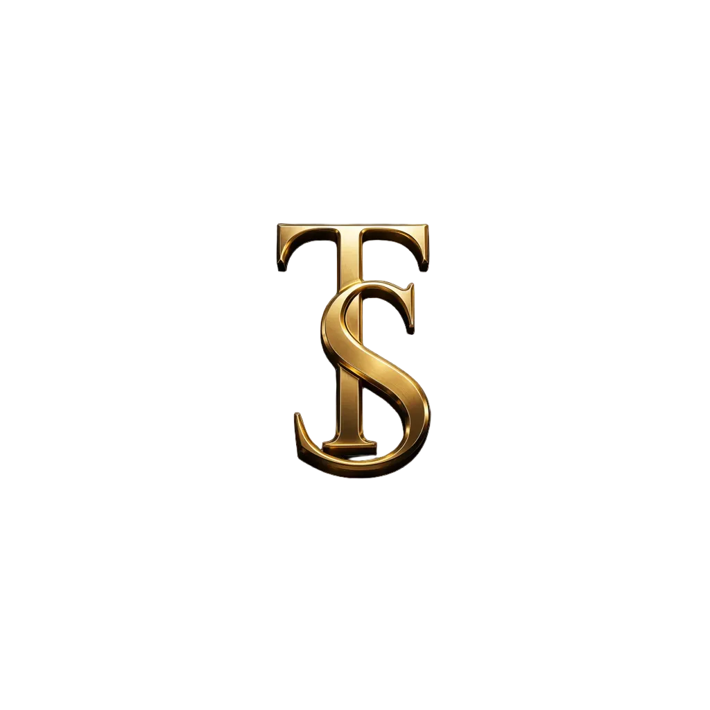 A large metallic gold interlocking stylized letters 'TS' emblem or monogram, rendered as a 3D relief on a dark textured background.