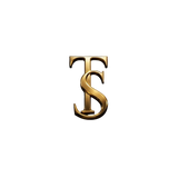 A large metallic gold interlocking stylized letters 'TS' emblem or monogram, rendered as a 3D relief on a dark textured background.