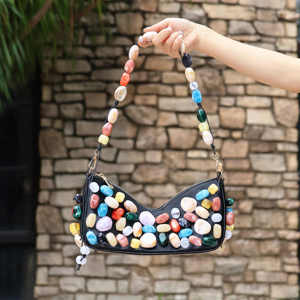 Women's PU Leather Stone Embellished Clutch Shoulder Bag – Wedding & Party, 2 Colors