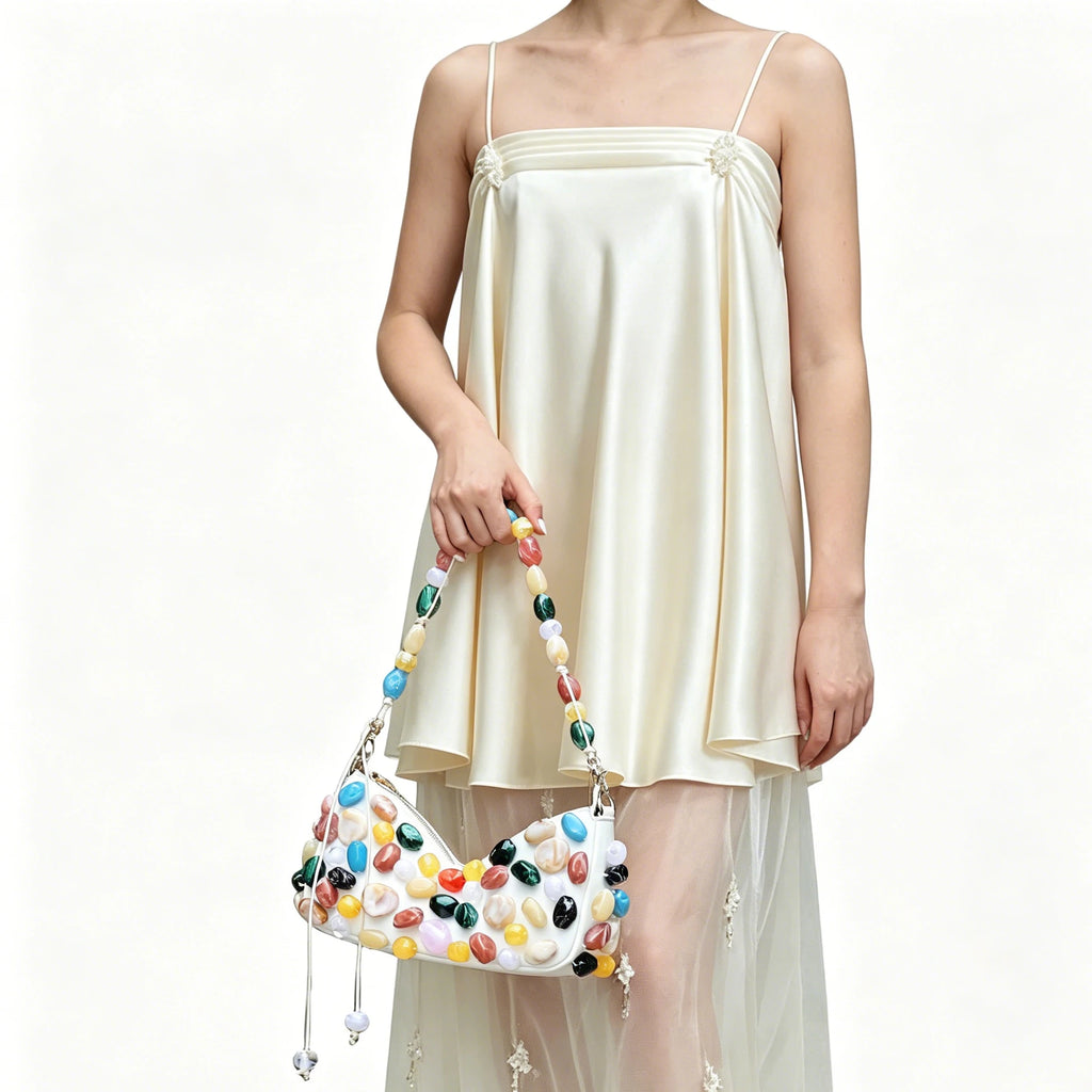 Women's PU Leather Stone Embellished Clutch Shoulder Bag – Wedding & Party, 2 Colors