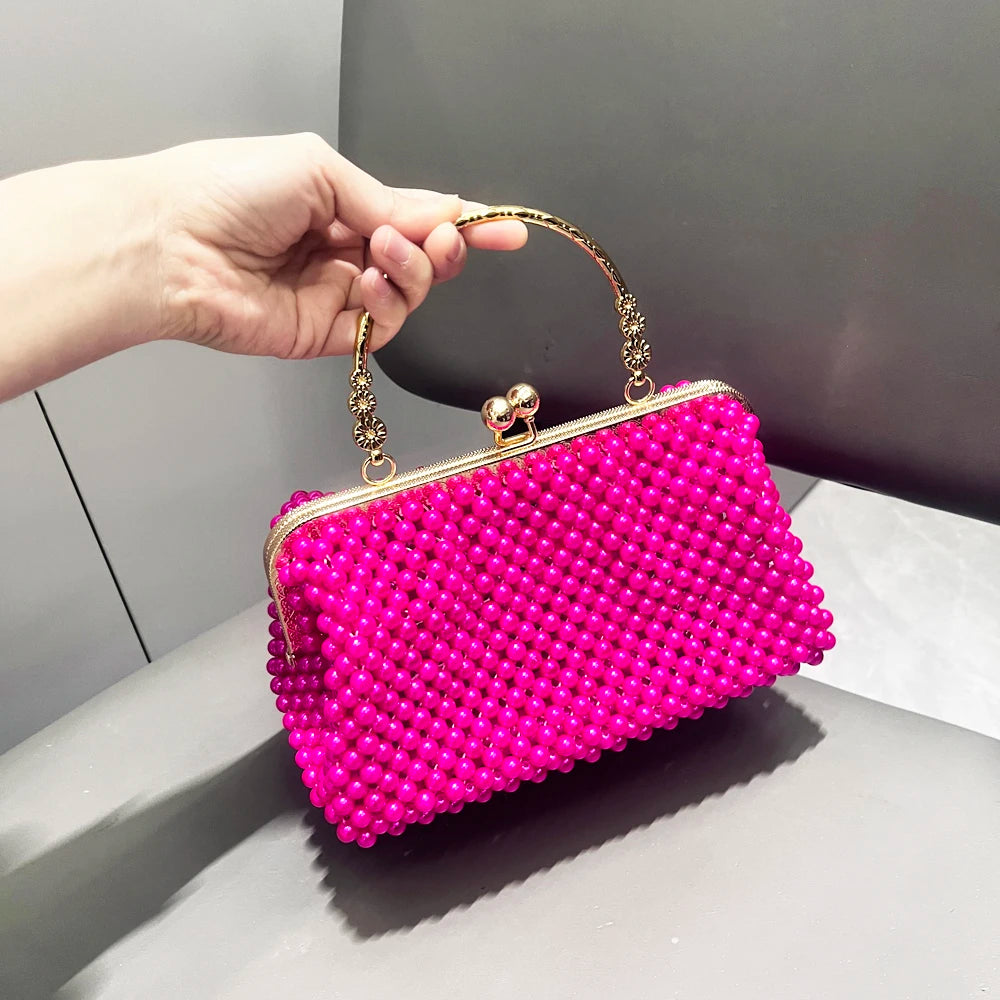 Women's Pearl Embellished ABS Frame Clutch Bag – Evening & Wedding, 6 Colors