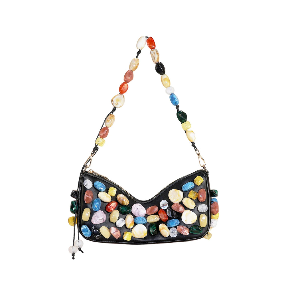 Women's PU Leather Stone Embellished Clutch Shoulder Bag – Wedding & Party, 2 Colors