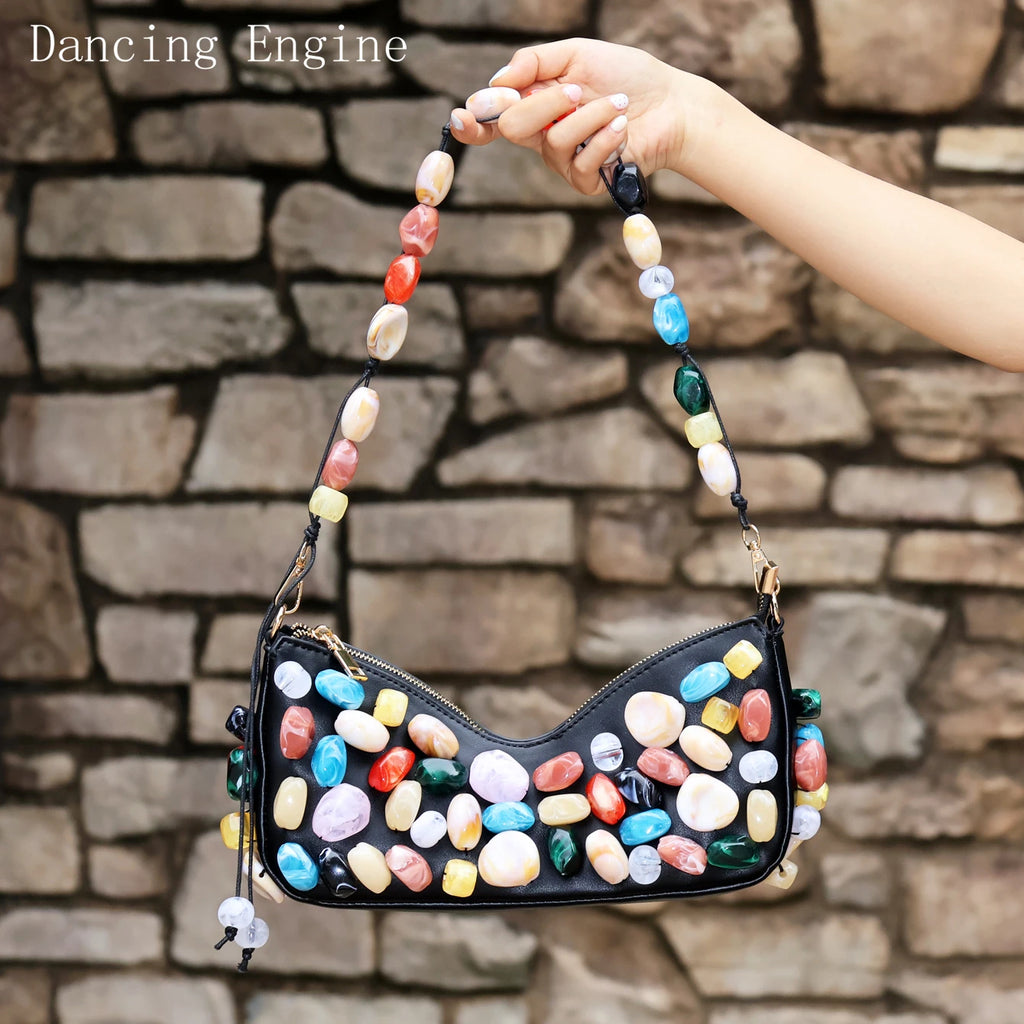 Women's PU Leather Stone Embellished Clutch Shoulder Bag – Wedding & Party, 2 Colors