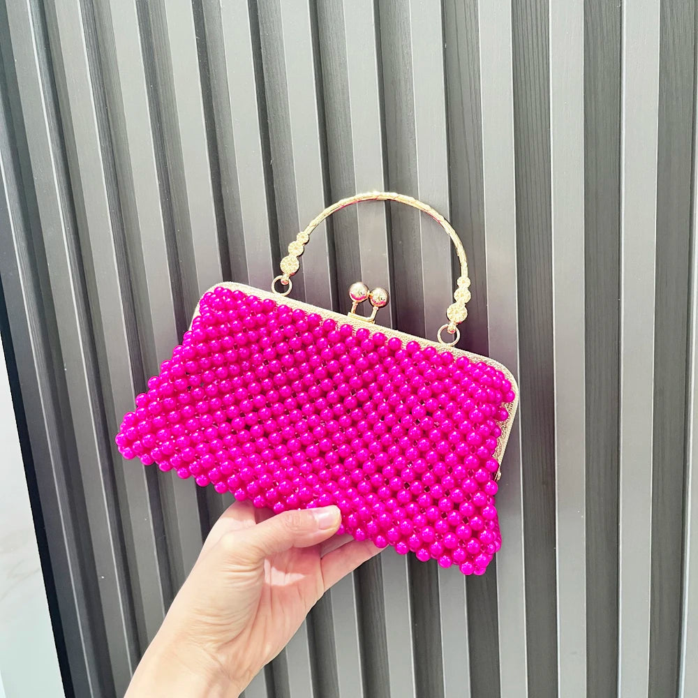 Women's Pearl Embellished ABS Frame Clutch Bag – Evening & Wedding, 6 Colors