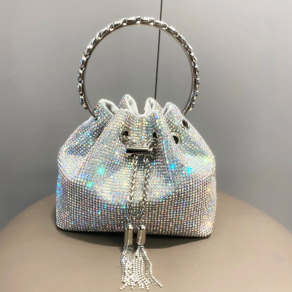 Women's Crystal Rhinestone Bucket Clutch Bag – Evening & Banquet, 7 Colors