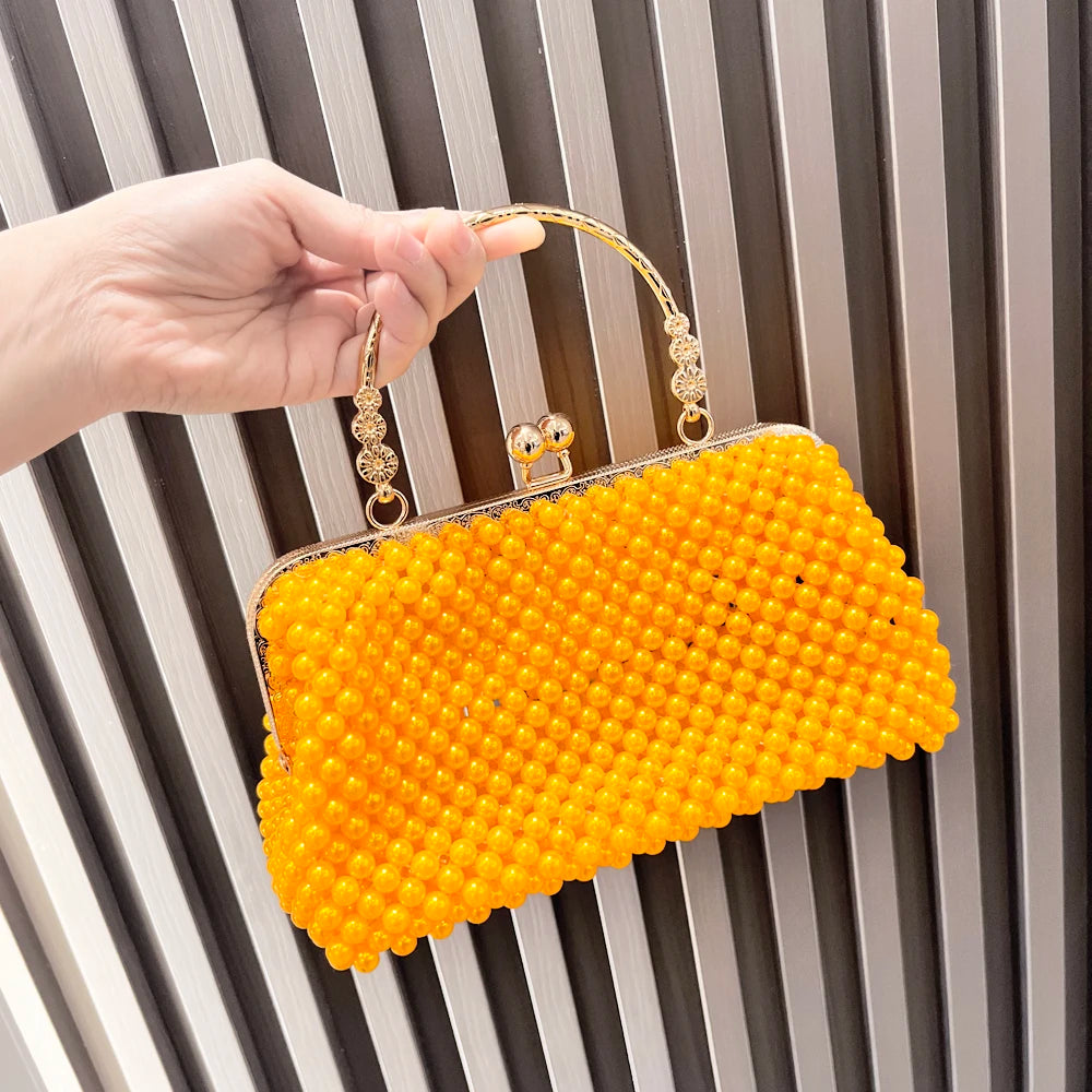 Women's Pearl Embellished ABS Frame Clutch Bag – Evening & Wedding, 6 Colors