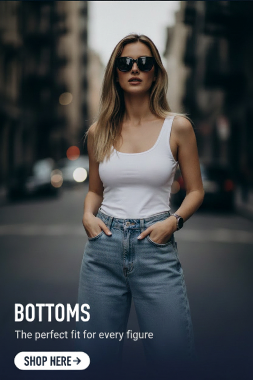 A woman wearing a white ribbed tank top and light blue high-waisted jeans stands on a blurred city street, with text at the bottom reading 'BOTTOMS The perfect fit for every figure' and a 'SHOP HERE' button.